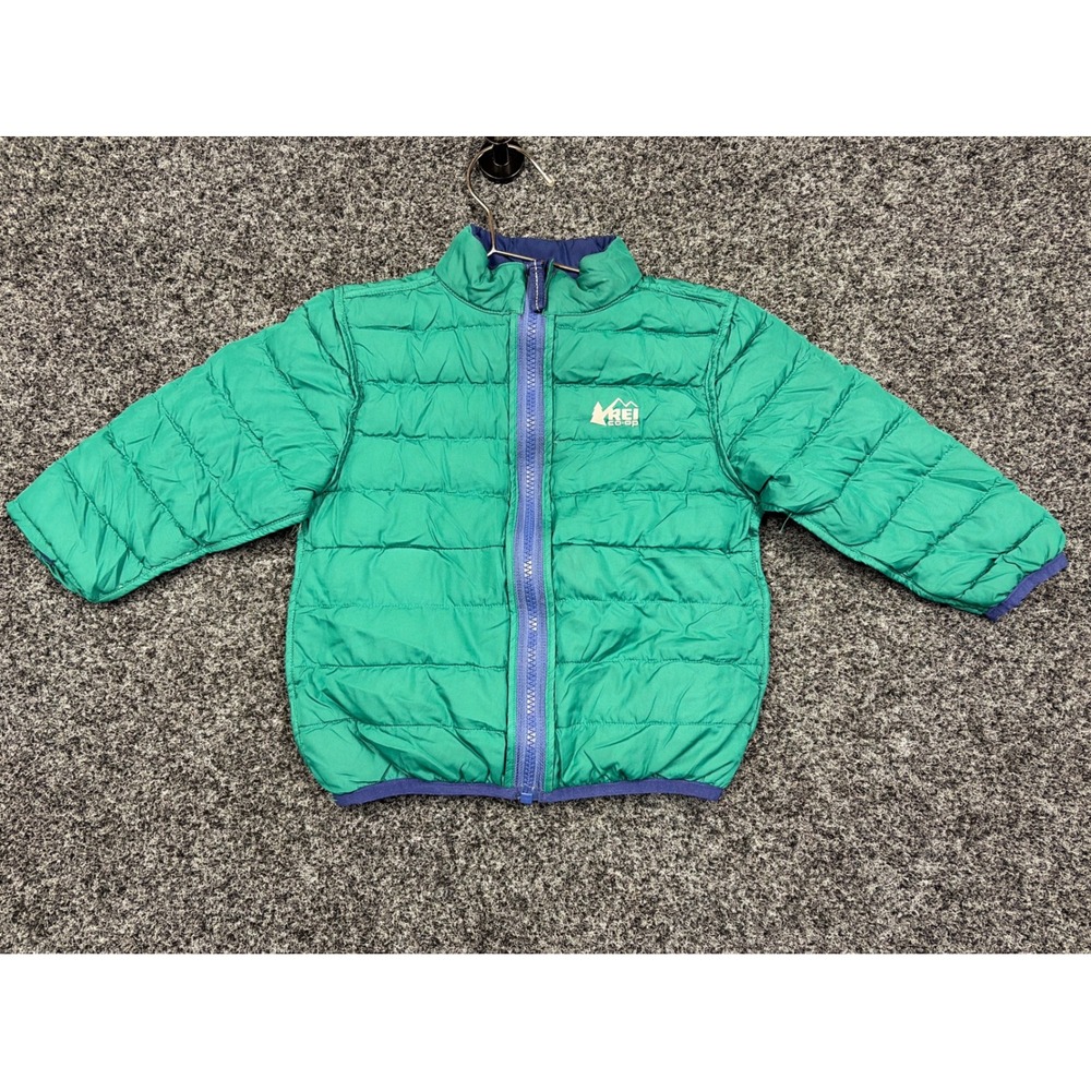 REI Co-op Puffer Jacket Toddler 3T Green Blue 650 Down Reversible Full Zip Coat